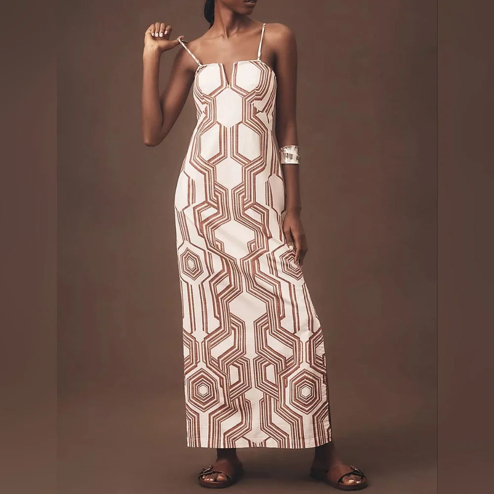 Anthropologie Strapless Geometric Dress in Cream and Brown - Picture 1 of 9